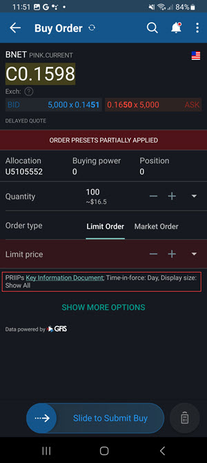 The PRIIPs KID option on the Android Phone